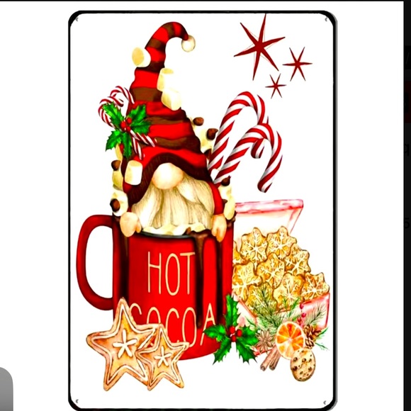 Holiday Christmas Gnome In Hot Cocoa Mug Metal Sign Cookies Candy